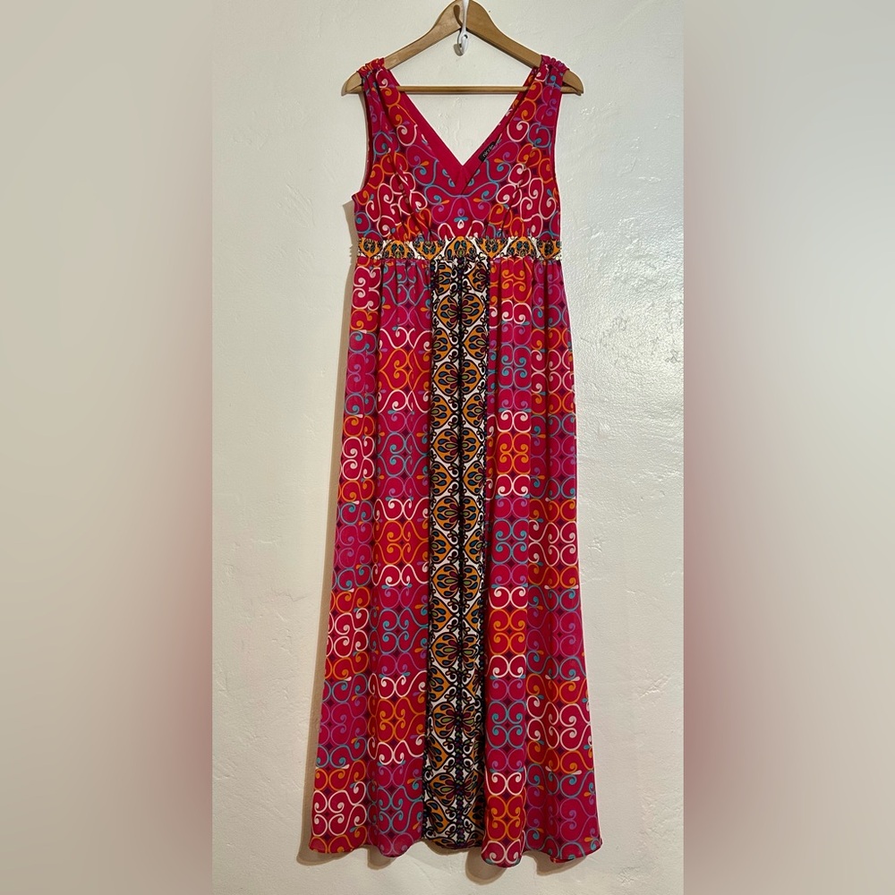 Nicole by Nicole Miller Red and Pink Patterned Maxi Dress